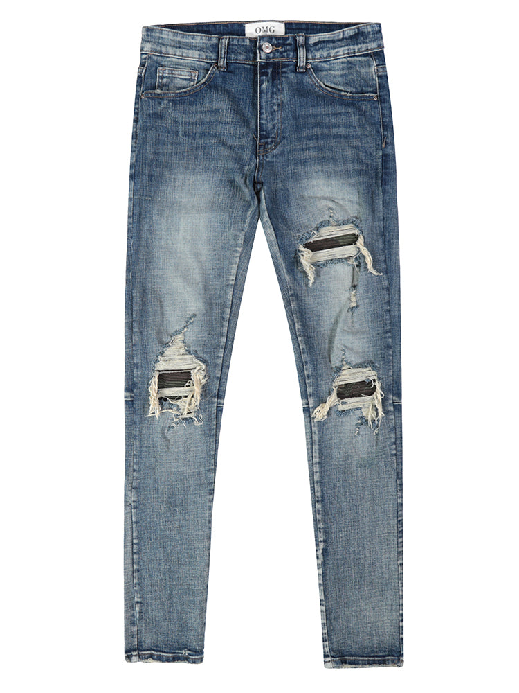 Mens Ripped Washed Blue Denim Jeans