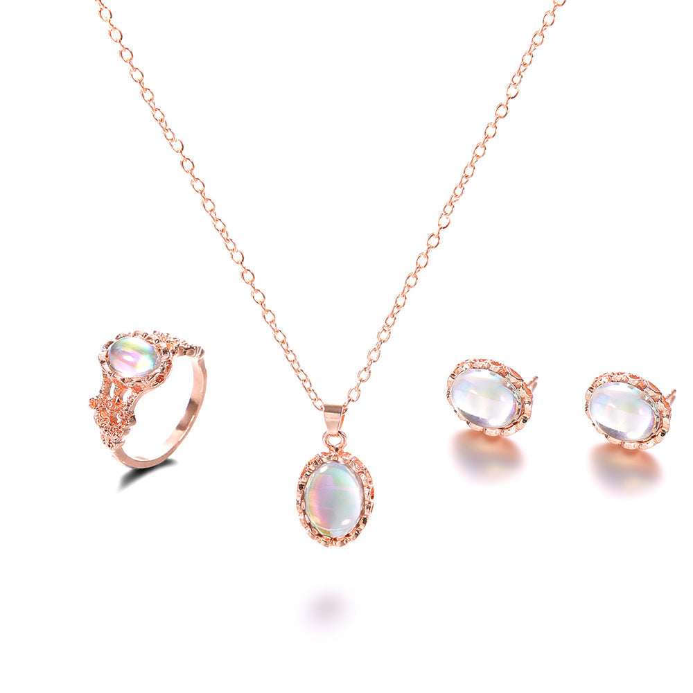 Three-Piece Set Of Crystal Earrings and Necklaces and Rings