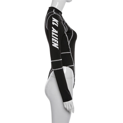 Long-Sleeved Bodysuit With Mesh Print