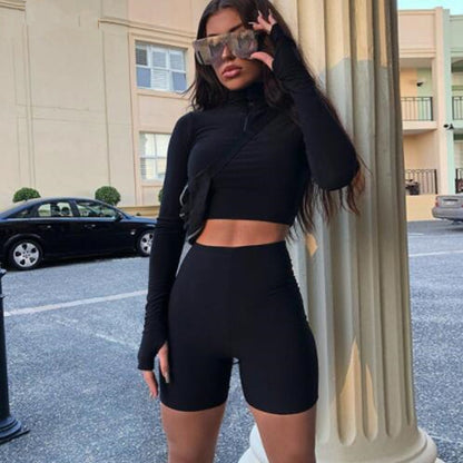 Finger Zip Top and Shorts High Waist Tracksuit