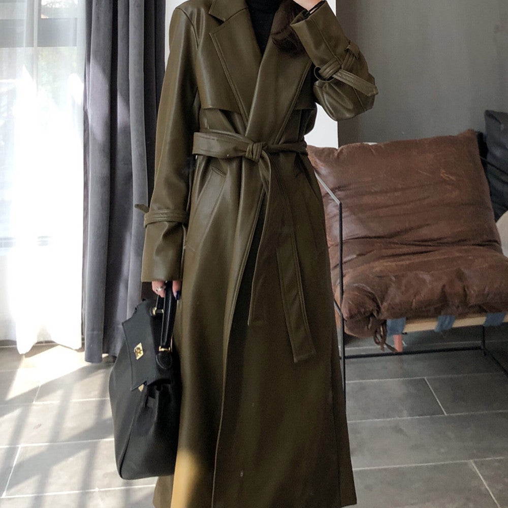 Stylish Green Loose Lace-Up Coat