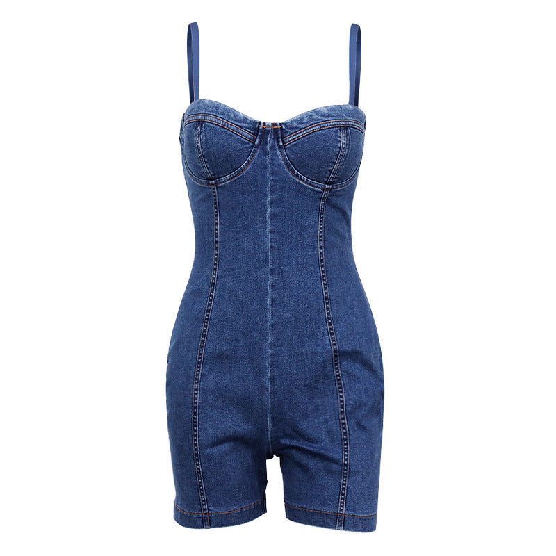 Denim Tube Top Suspender Romper