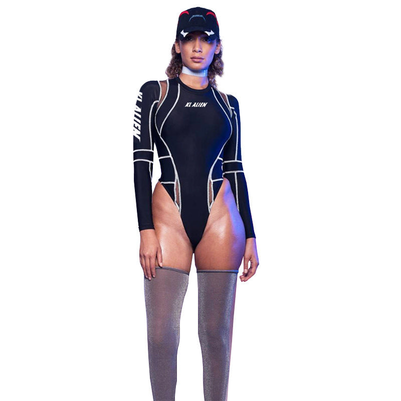 Long-Sleeved Bodysuit With Mesh Print