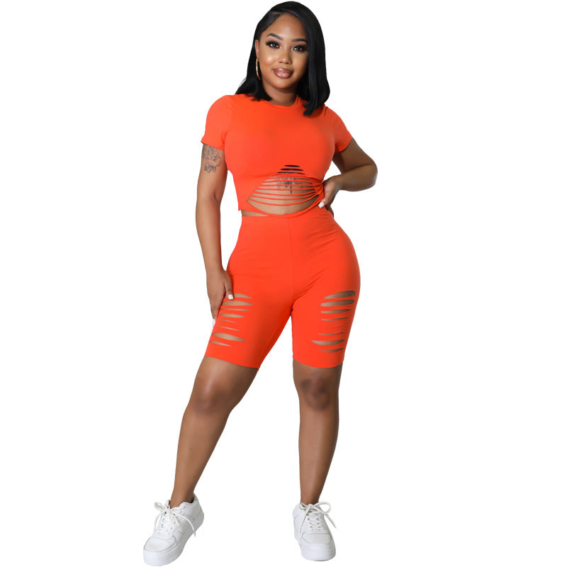 Skinny Ripped Short Sleeve Tracksuit Shorts Two Piece