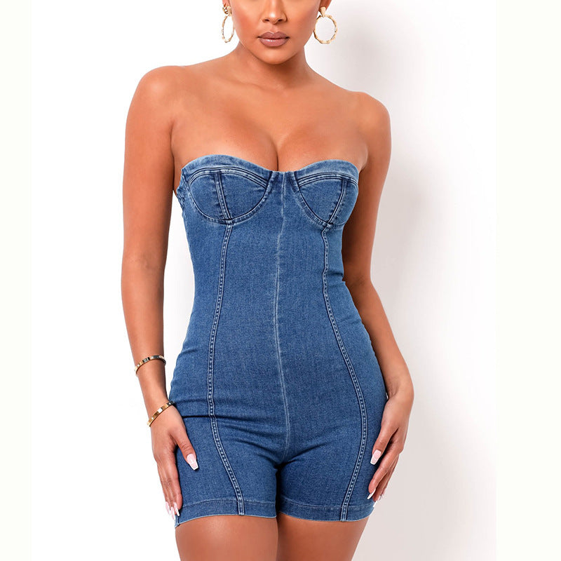 Denim Tube Top Suspender Romper