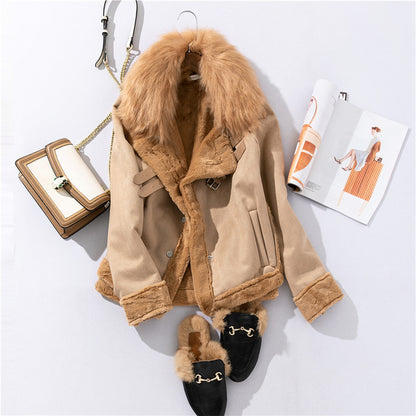 Deerskin Fur Collar Faux Fur Coat