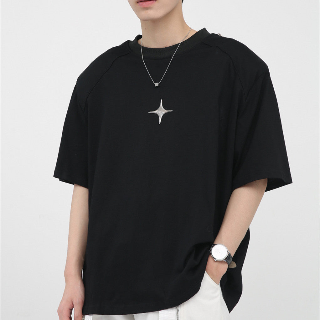 Simple Printed Zipper Shoulder Pad Design T-Shirt For Men