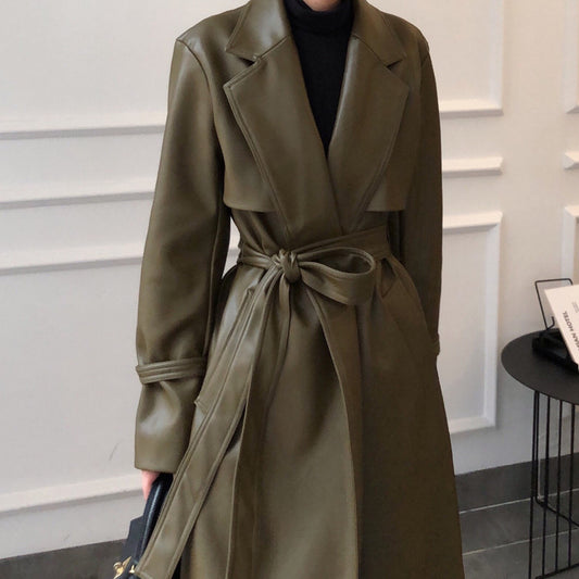 Stylish Green Loose Lace-Up Coat